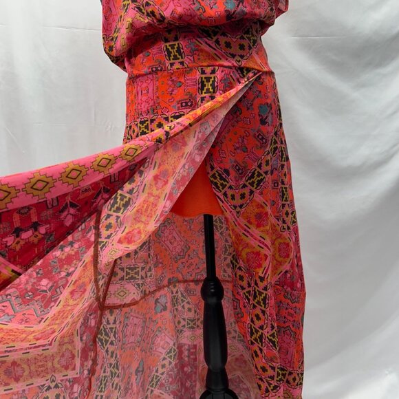 Free People Blakely Maxi Dress In Red Motif LG Side Zipper Front Slit Geometric - Picture 5 of 15